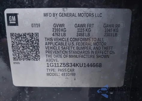 2019 Chevrolet Impala Lt z USA, uszkodzony, nr VIN 1G11Z5S34KU144668